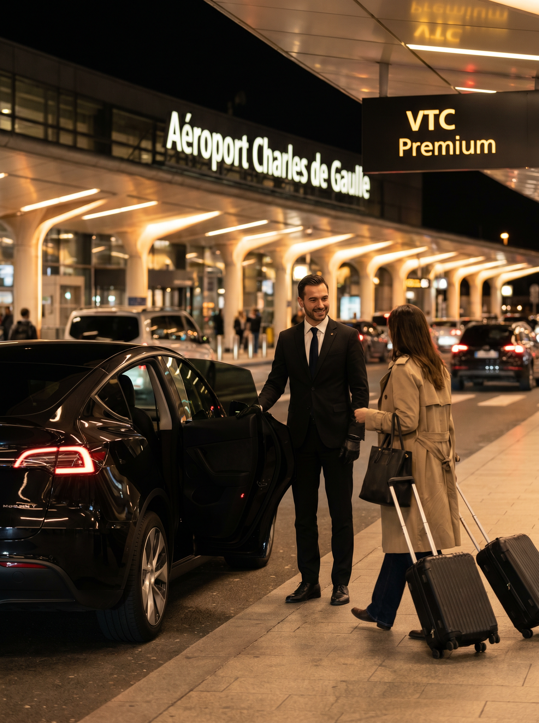 Chauffeur ERYH accueillant un client à l'aéroport CDG avec une Tesla Model Y