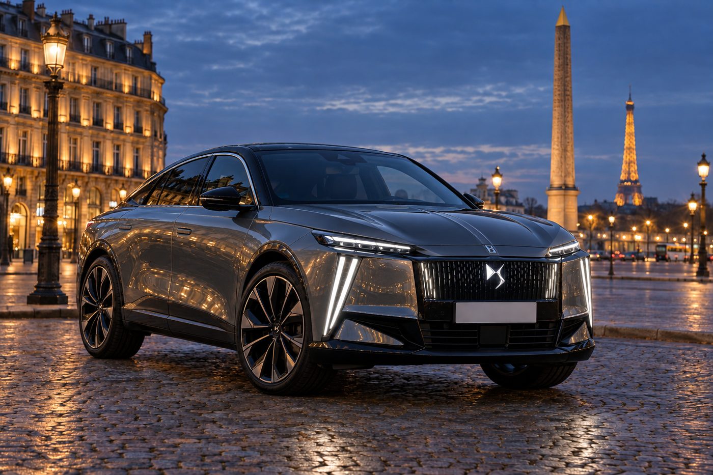DS N°8 grise à toit noir, 100 % électrique, place de la Concorde à Paris à la tombée de la nuit