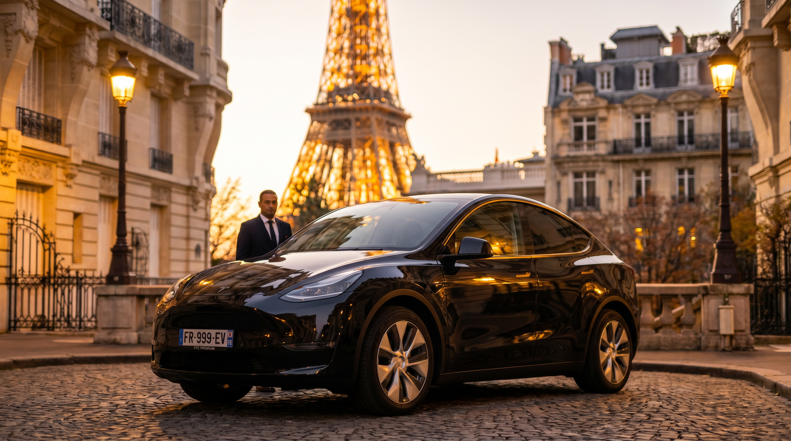 Tesla Model Y ERYH devant la Tour Eiffel à Paris au coucher du soleil