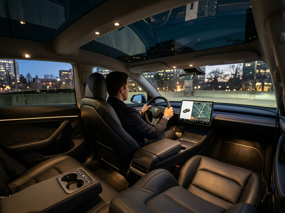 Intérieur premium d'une Tesla Model Y avec sièges en cuir et toit panoramique